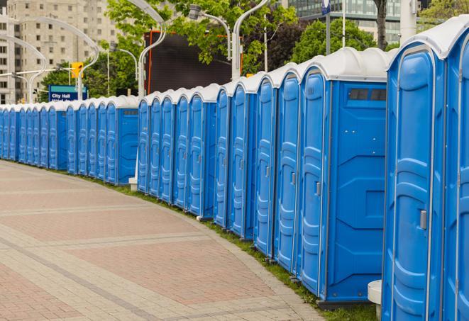 portable restrooms lined up at a marathon, ensuring runners can take a much-needed bathroom break in Essington